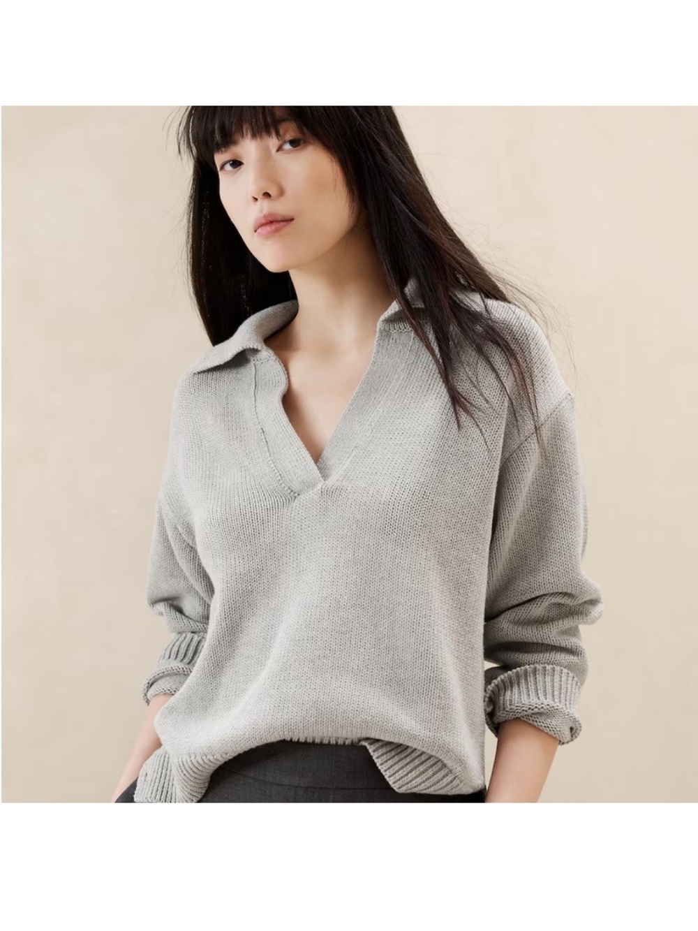 Banana Republic WHITE V-Neck Johnny Collar Knit Sweater